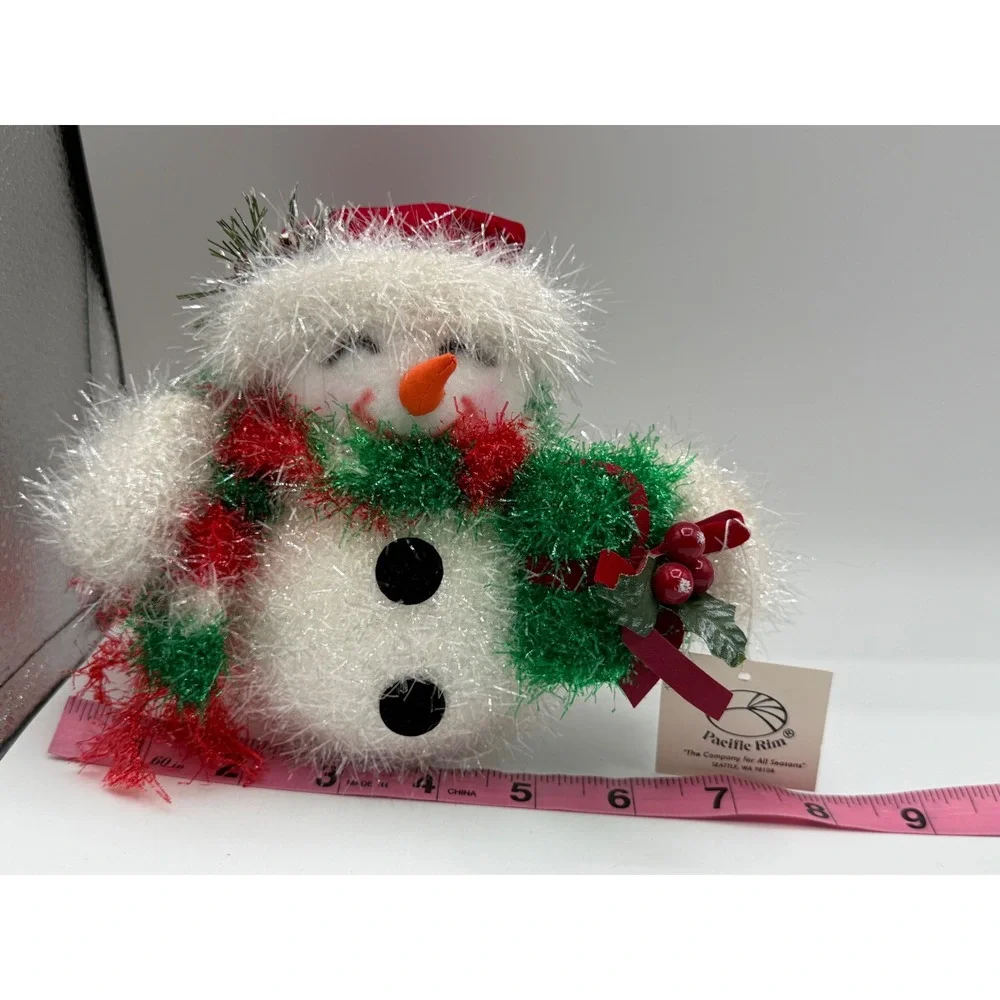 Pacific Rim Christmas Snowman Plush Tinsel Fuzzy Figurine Red Hat Scarf 1634 NEW